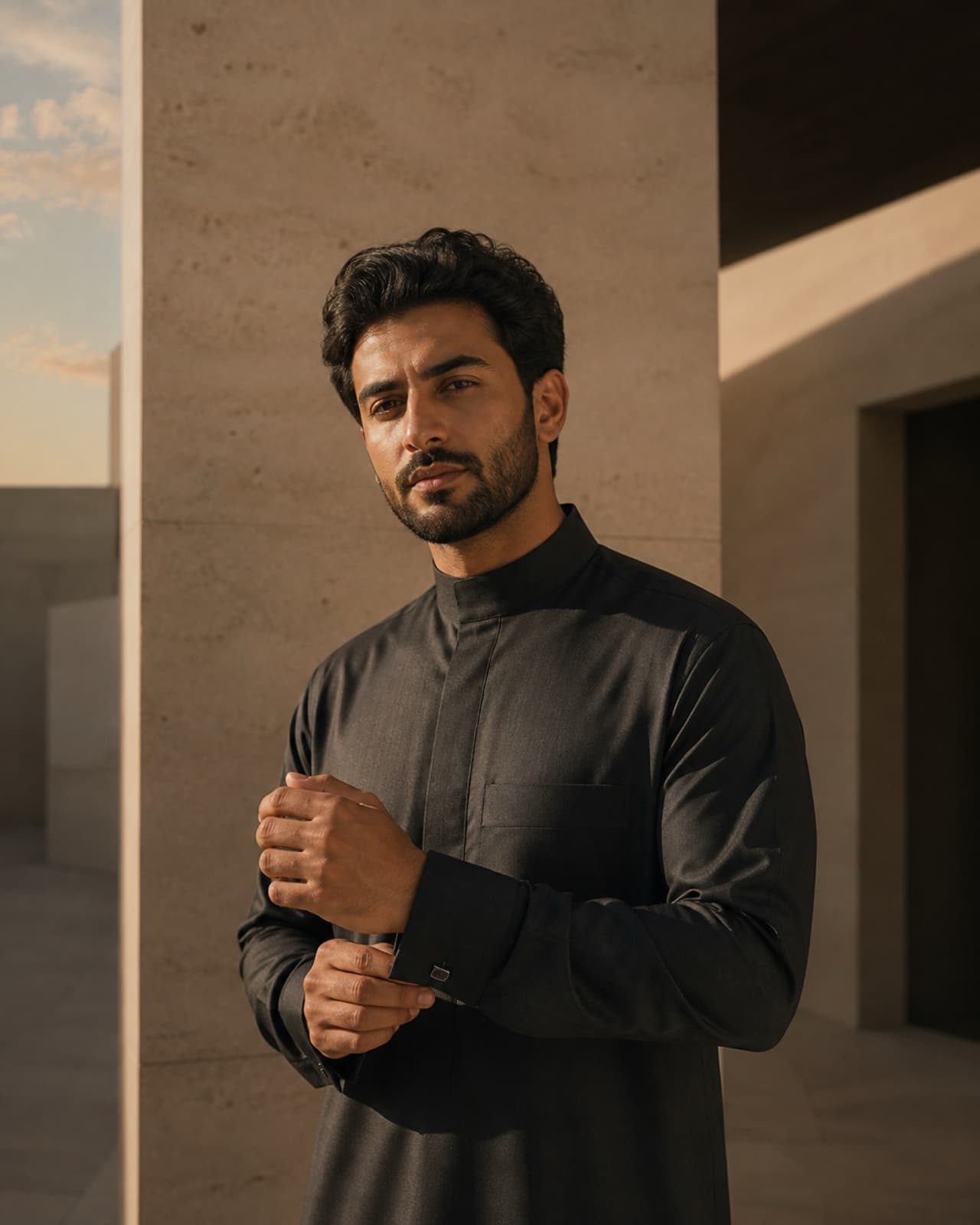 Man in modest charcoal attire in warm Doha light